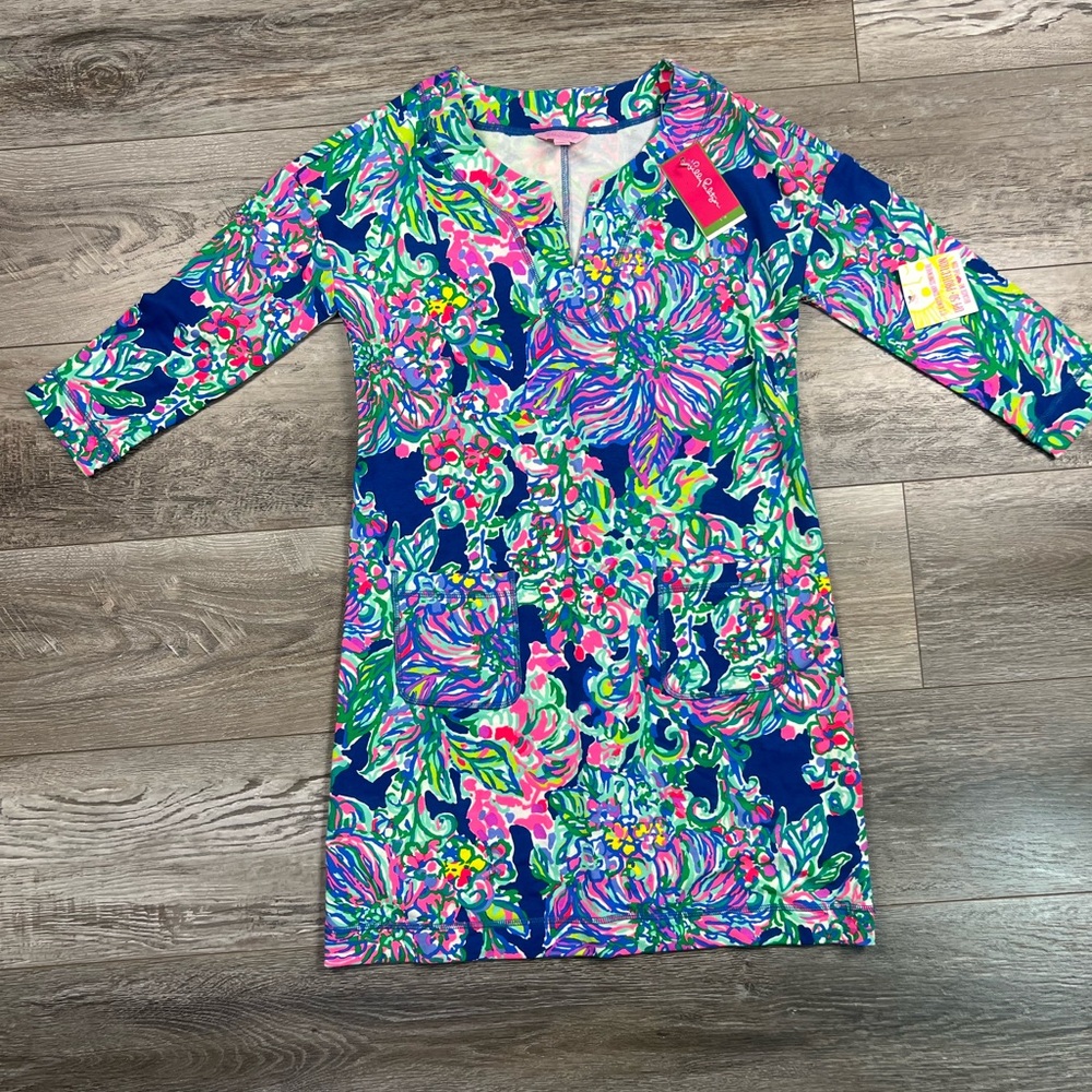 NWT $148 Lilly Pulitzer JOYCE DRESS XS INDIGO EXOTIC ESCAPADE UPF 50 Pockets - Picture 3 of 14